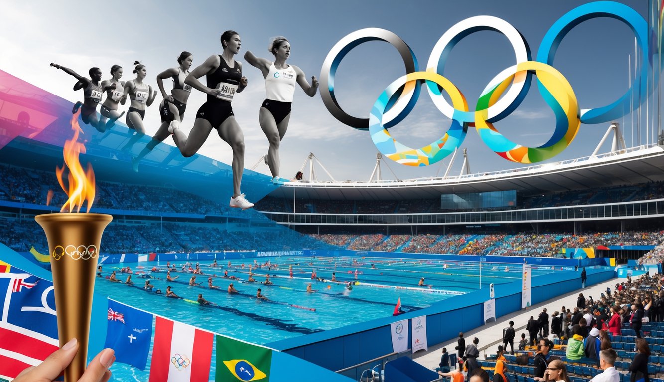 Kolase gambar yang menampilkan simbol Olimpiade, atlet berbagai cabang olahraga, dan stadion modern dengan penonton serta bendera negara-negara yang berkibar.