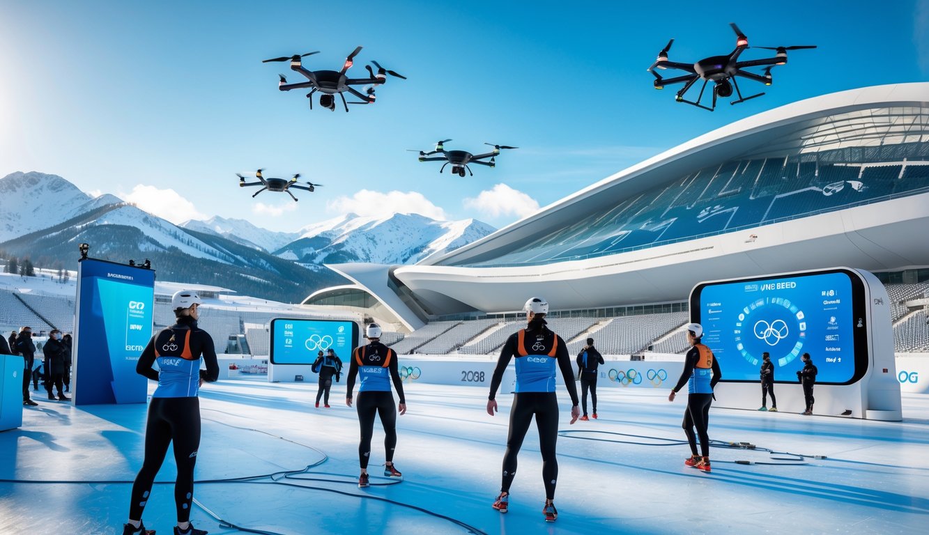 Pemandangan stadion Olimpiade 2026 dengan atlet menggunakan teknologi canggih dan perangkat pintar, dikelilingi pegunungan bersalju dan layar digital yang menampilkan data waktu nyata.