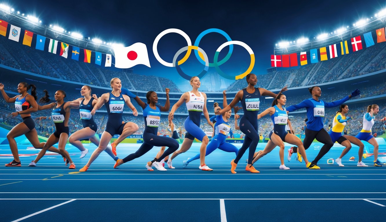 Sejumlah atlet sedang berlomba dalam berbagai cabang olahraga di stadion penuh penonton yang antusias menyambut Olimpiade 2026.