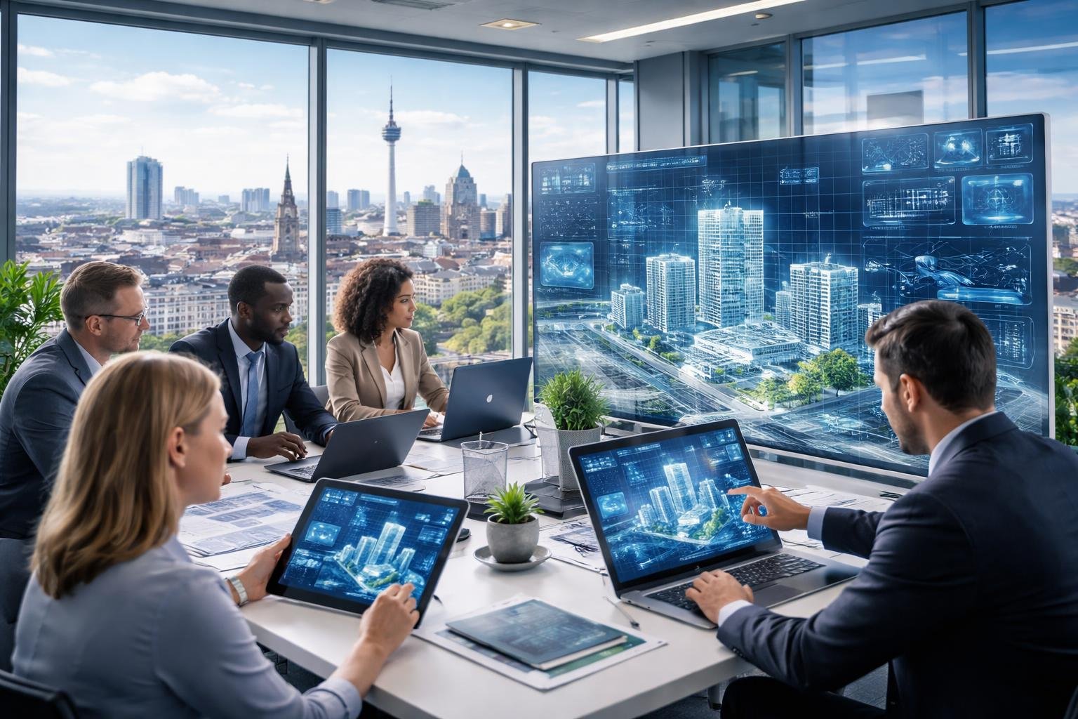 Menschen in einem modernen B&uuml;ro pr&uuml;fen digitale Geb&auml;udepl&auml;ne vor einer Fensterfront mit Blick auf Berliner Stadtlandschaft.