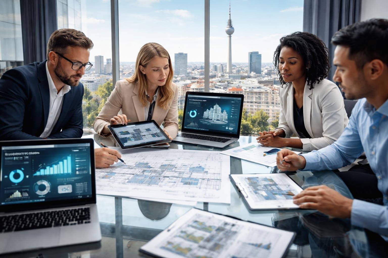 Mehrere Personen arbeiten gemeinsam an digitalen Pl&auml;nen und Daten zu Berliner Immobilien in einem modernen B&uuml;ro mit Blick auf die Stadt.