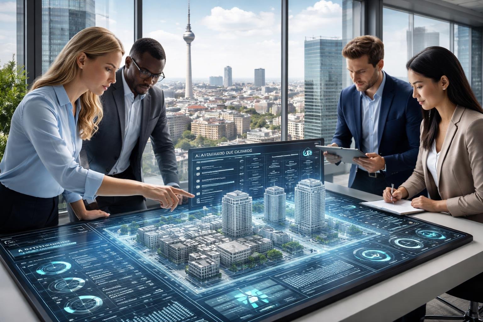 Ein Team von Fachleuten arbeitet an einem digitalen Tisch mit 3D-Modellen von Berliner Geb&auml;uden, im Hintergrund ist die Berliner Stadtansicht mit dem Fernsehturm zu sehen.