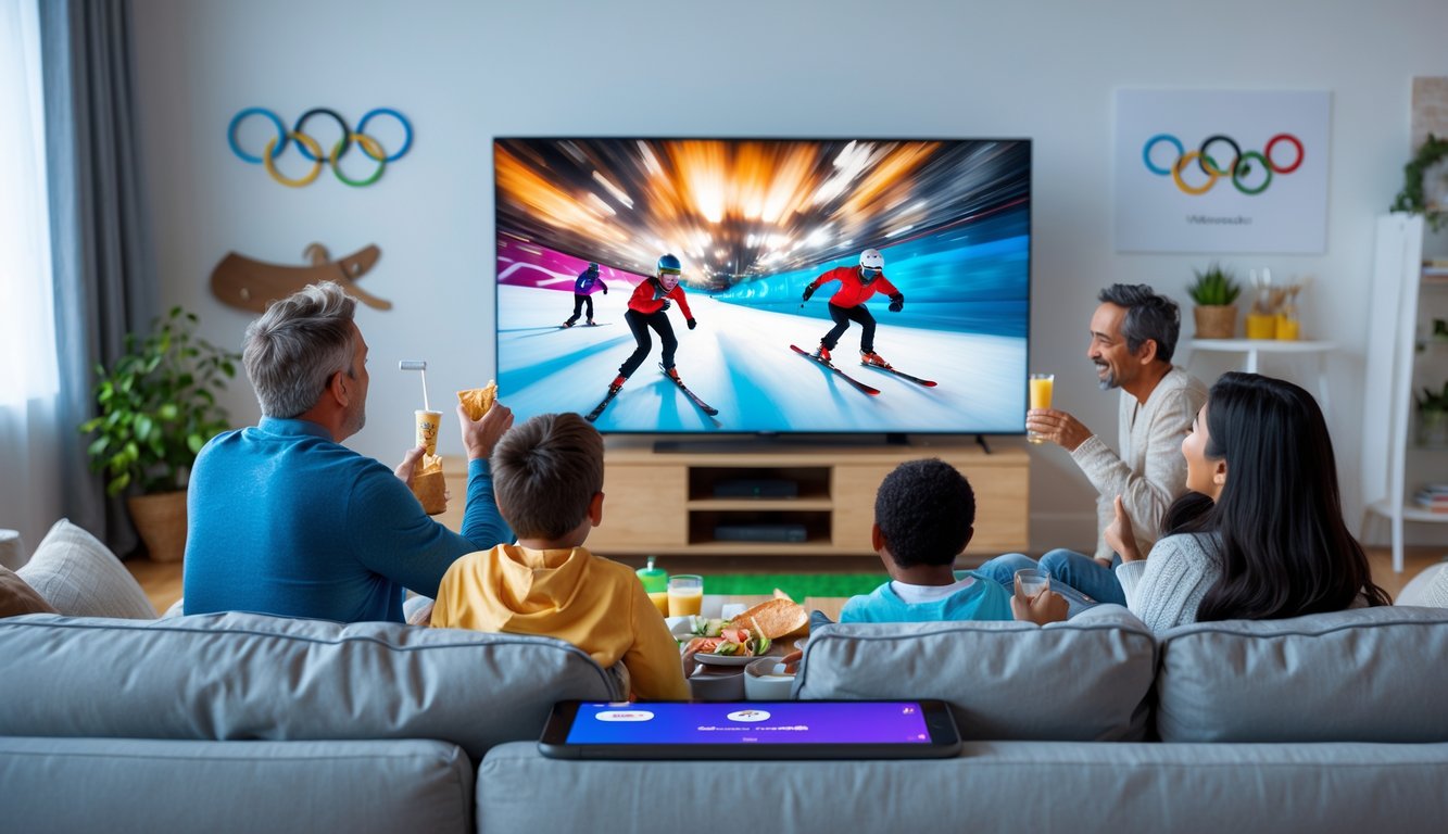 Keluarga menonton siaran langsung Olimpiade 2026 di ruang tamu dengan televisi besar dan perangkat streaming.