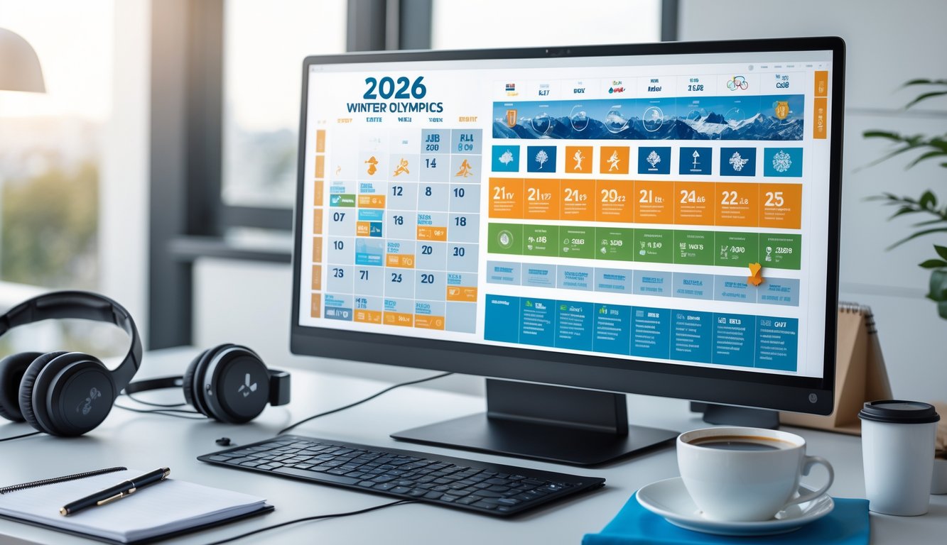 Meja kerja modern dengan laptop yang menampilkan jadwal Olimpiade Musim Dingin 2026, ponsel yang memutar siaran langsung, dan perlengkapan kerja di sekitarnya.
