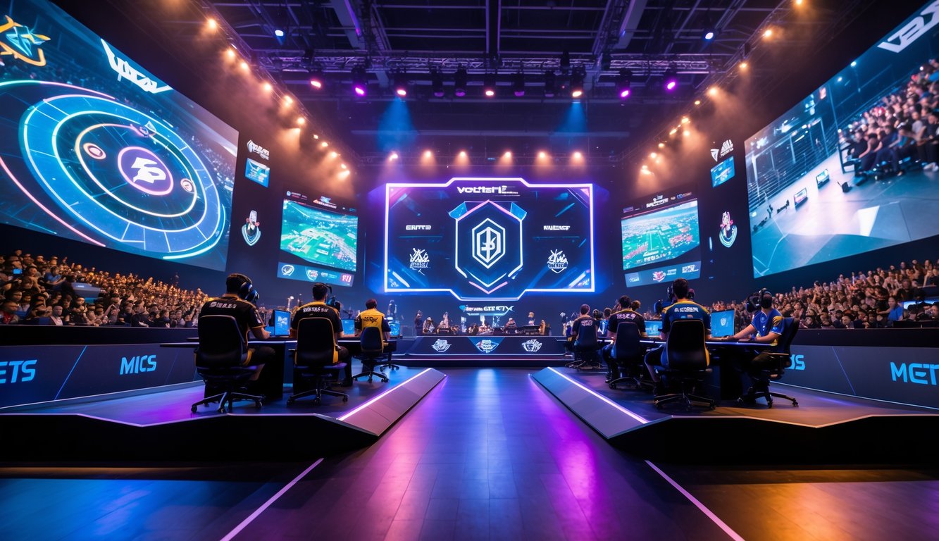 Suasana turnamen esports MOBA global tahun 2026 dengan pemain profesional di panggung dan penonton antusias di arena besar.