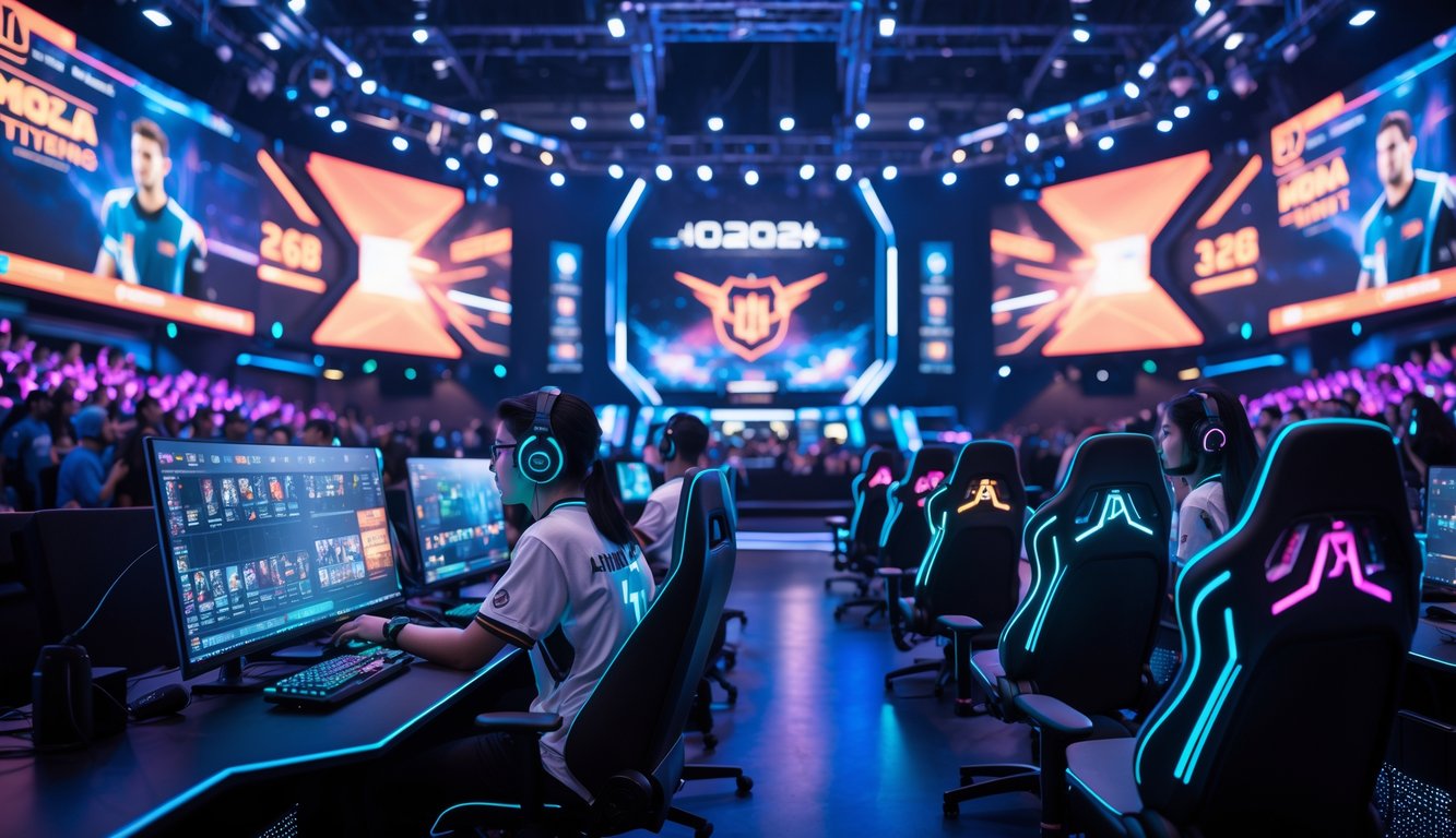 Arena esports futuristik dengan pemain fokus bermain game MOBA dan penonton menonton pertandingan.