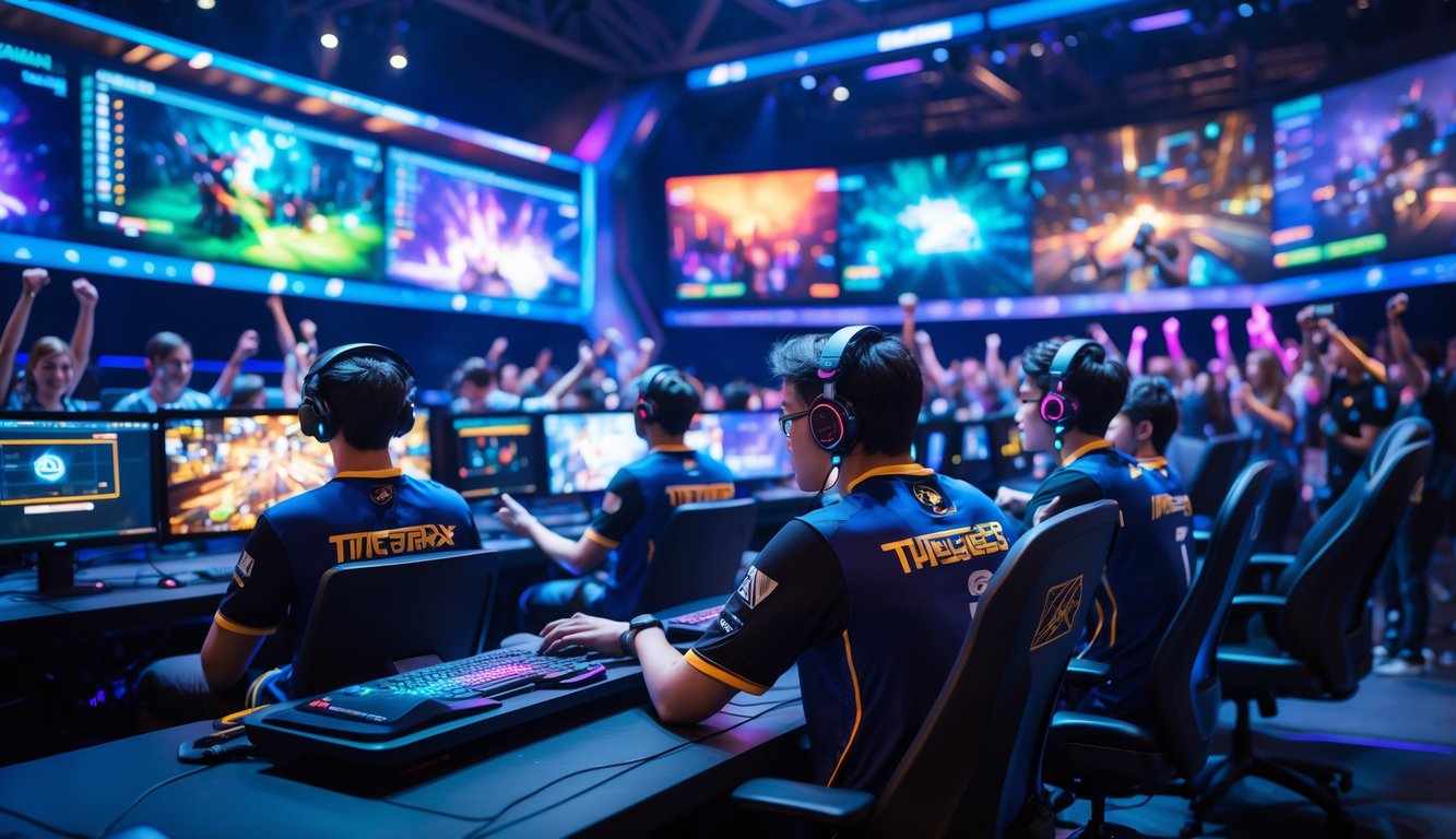 Seorang pemain esports fokus bermain di arena dengan layar besar dan penonton yang antusias di latar belakang.