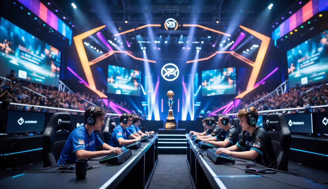 Suasana turnamen esports MOBA dengan pemain profesional sedang bertanding di arena besar penuh penonton dan lampu warna-warni.