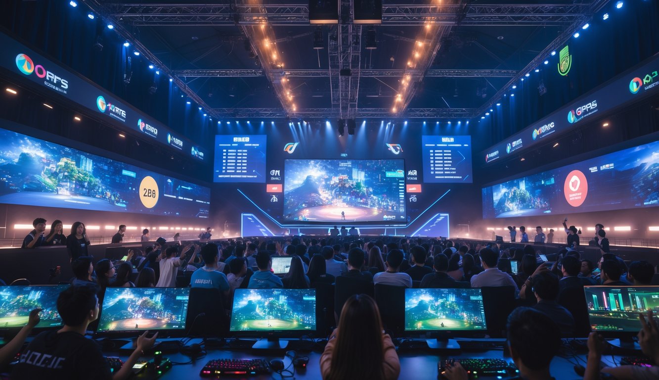 Arena esports modern dengan penonton beragam menyaksikan pertandingan game MOBA intens, menampilkan pemain fokus di stasiun gaming dan grafik digital pertumbuhan industri di latar belakang.