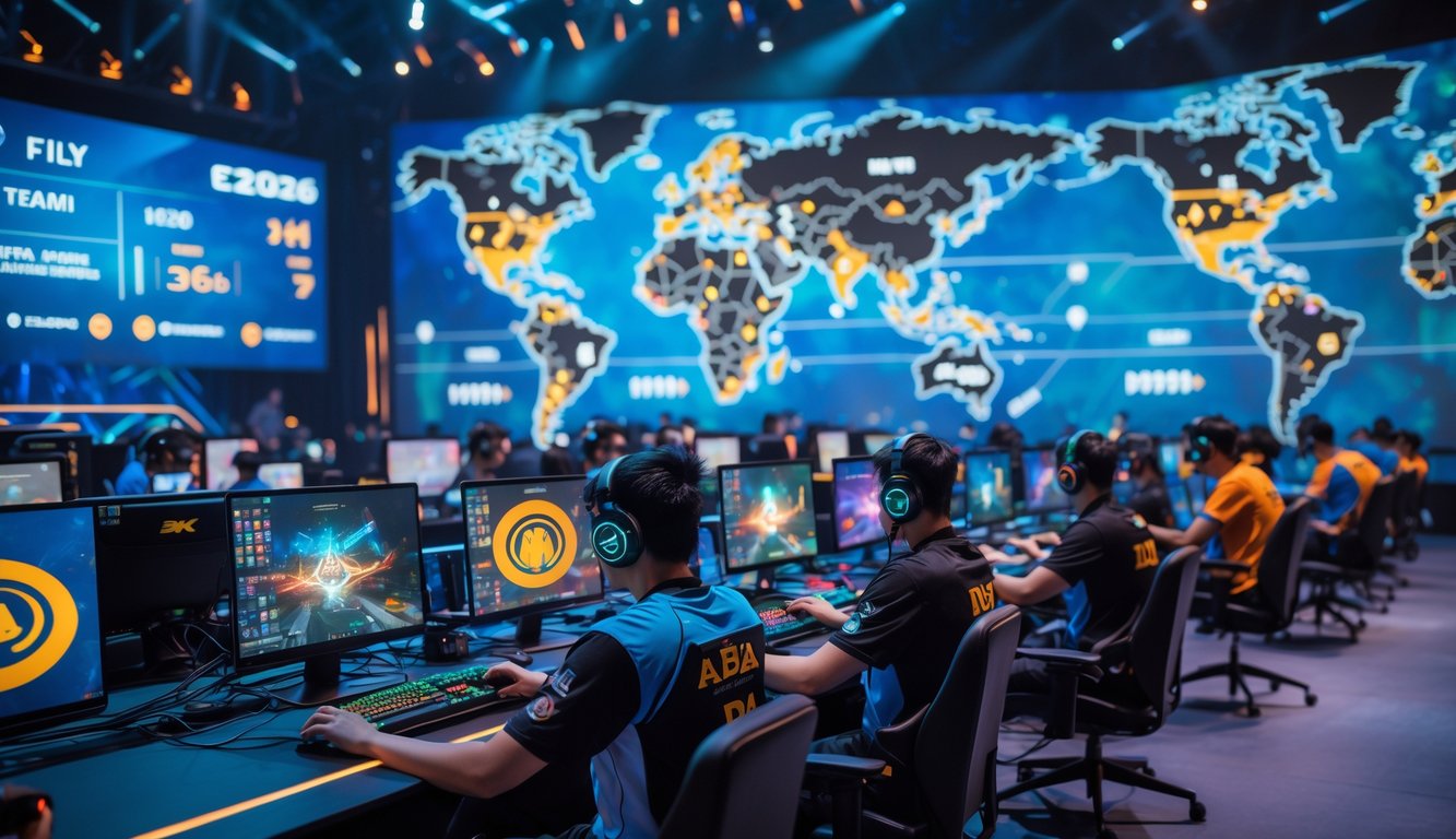 Suasana arena esports modern dengan pemain profesional dari berbagai negara sedang bermain game MOBA, dengan peta dunia digital di latar belakang yang menandai pusat esports di Asia dan seluruh dunia.