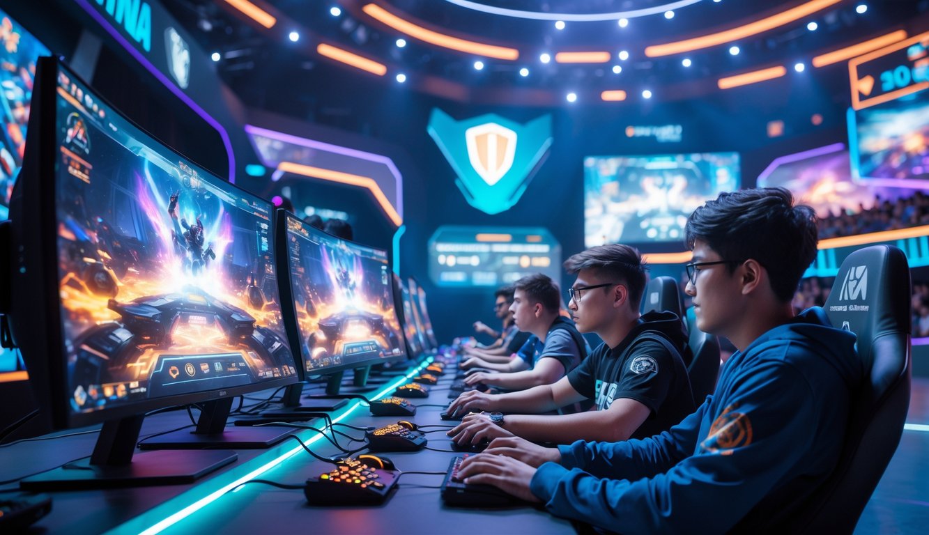 Sejumlah pemain muda sedang bermain game MOBA di arena esports futuristik dengan layar besar dan penonton antusias di latar belakang.