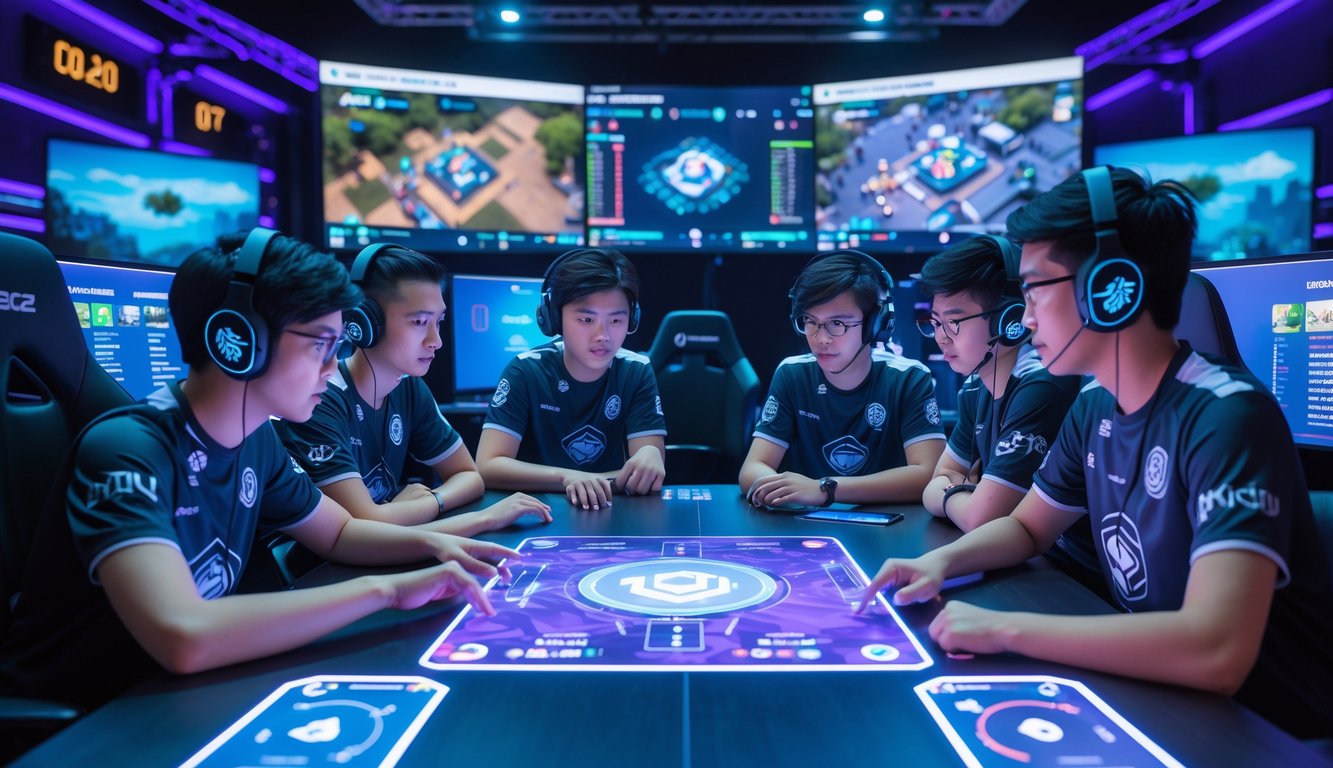 Tim esports sedang berdiskusi strategi di sekitar meja dengan layar holografik menampilkan peta permainan MOBA dan statistik karakter.