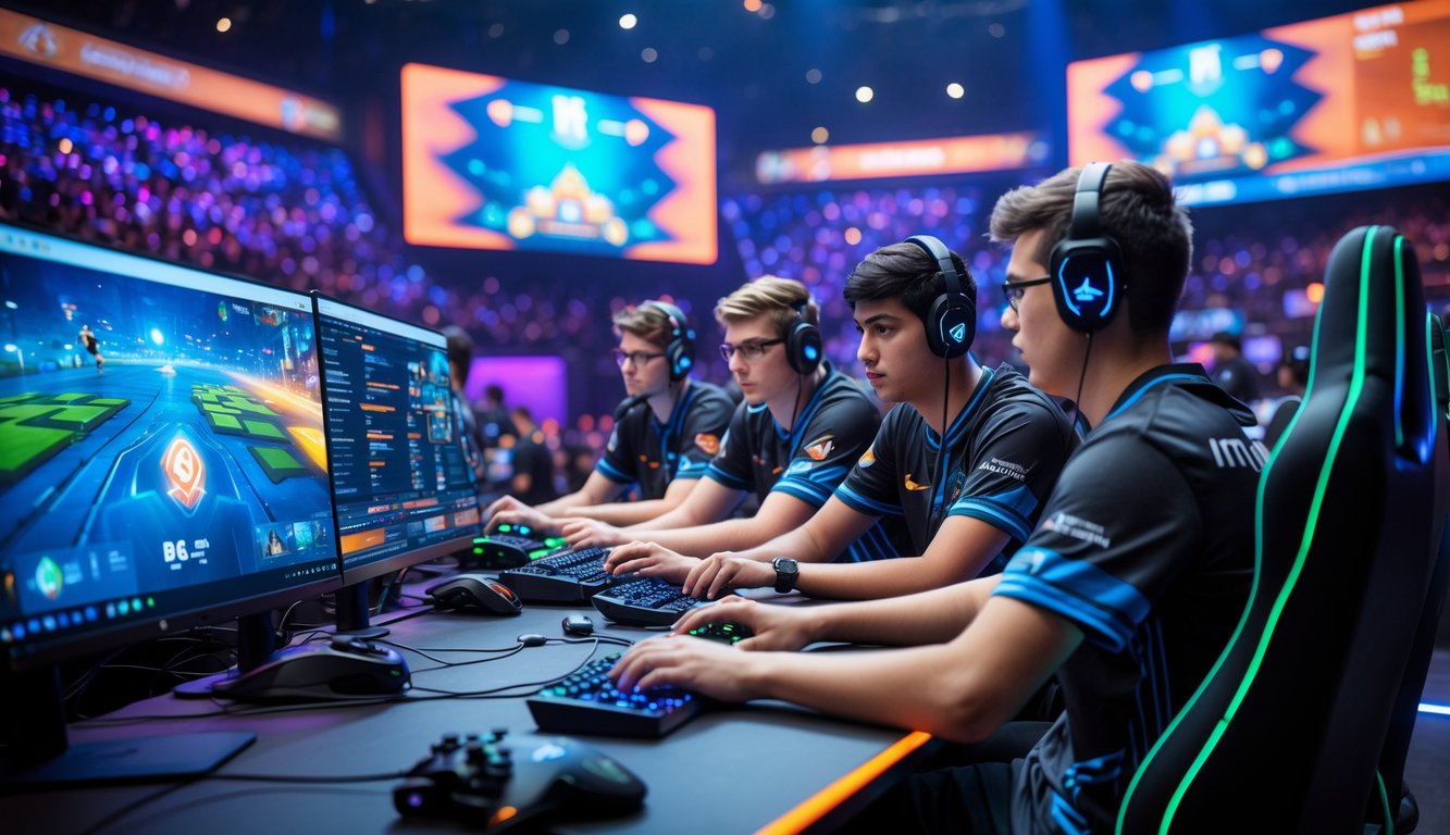 Tim esports profesional sedang bekerja sama dengan serius di depan layar komputer dalam arena permainan MOBA tahun 2026.