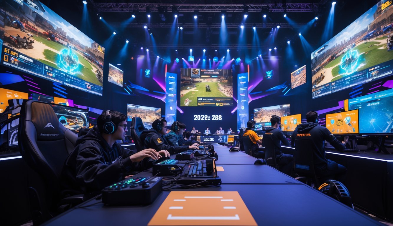 Suasana turnamen esports MOBA tahun 2026 dengan pemain yang sedang bertanding di atas panggung dan penonton yang antusias di latar belakang.