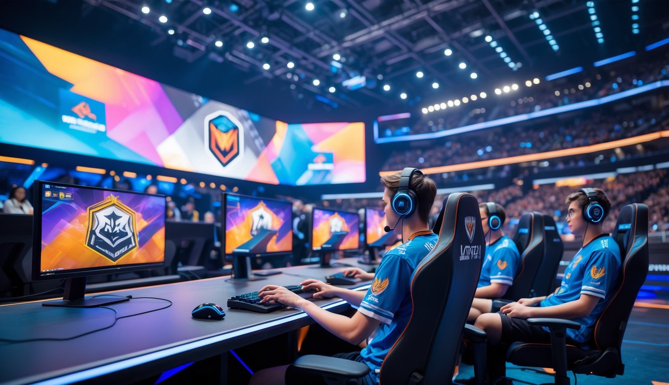 Suasana turnamen esports MOBA dengan pemain profesional yang fokus bermain di arena modern, dikelilingi oleh penonton dan layar besar yang menampilkan grafik permainan.