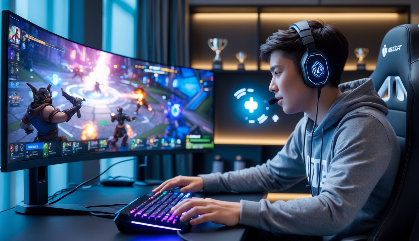 Seorang pemain muda sedang bermain game MOBA di ruang permainan modern dengan monitor futuristik dan pencahayaan LED.