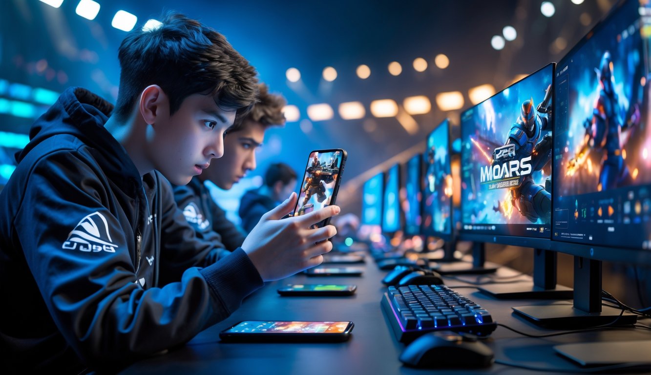 Dua pemain esports sedang bermain game MOBA, satu menggunakan ponsel dan satu menggunakan komputer, di arena permainan yang modern dan terang.