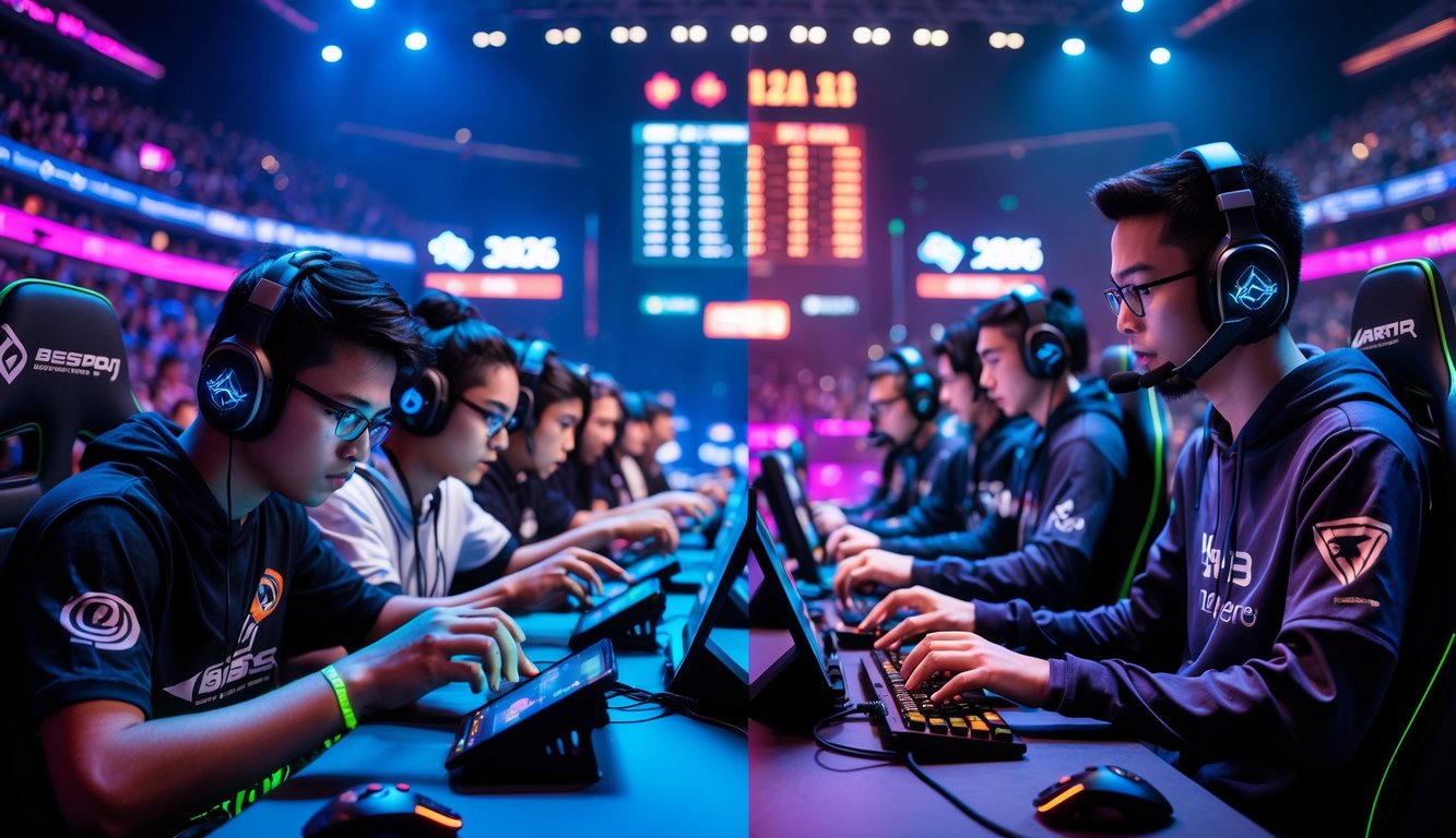 Dua kelompok pemain esports MOBA sedang bertanding, satu menggunakan perangkat mobile dan satu menggunakan komputer di arena kompetisi dengan penonton di latar belakang.