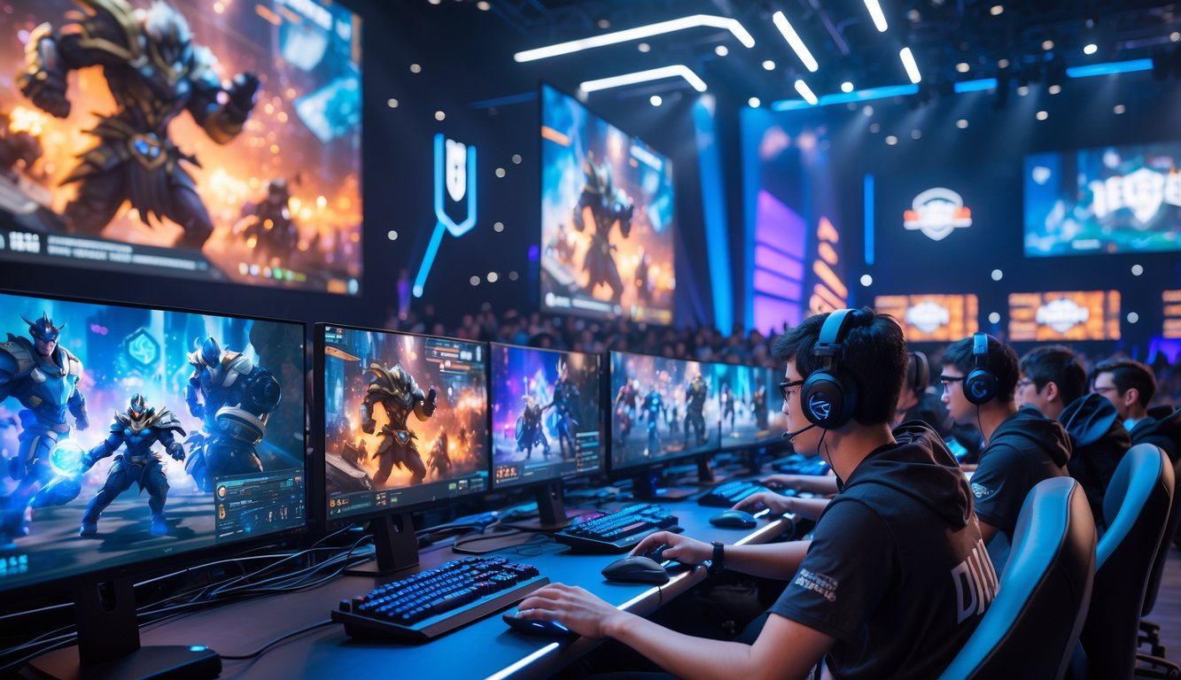 Suasana arena esports dengan pemain yang sedang bertanding dalam turnamen MOBA, menampilkan karakter pahlawan kuat dalam permainan dan penonton yang antusias.