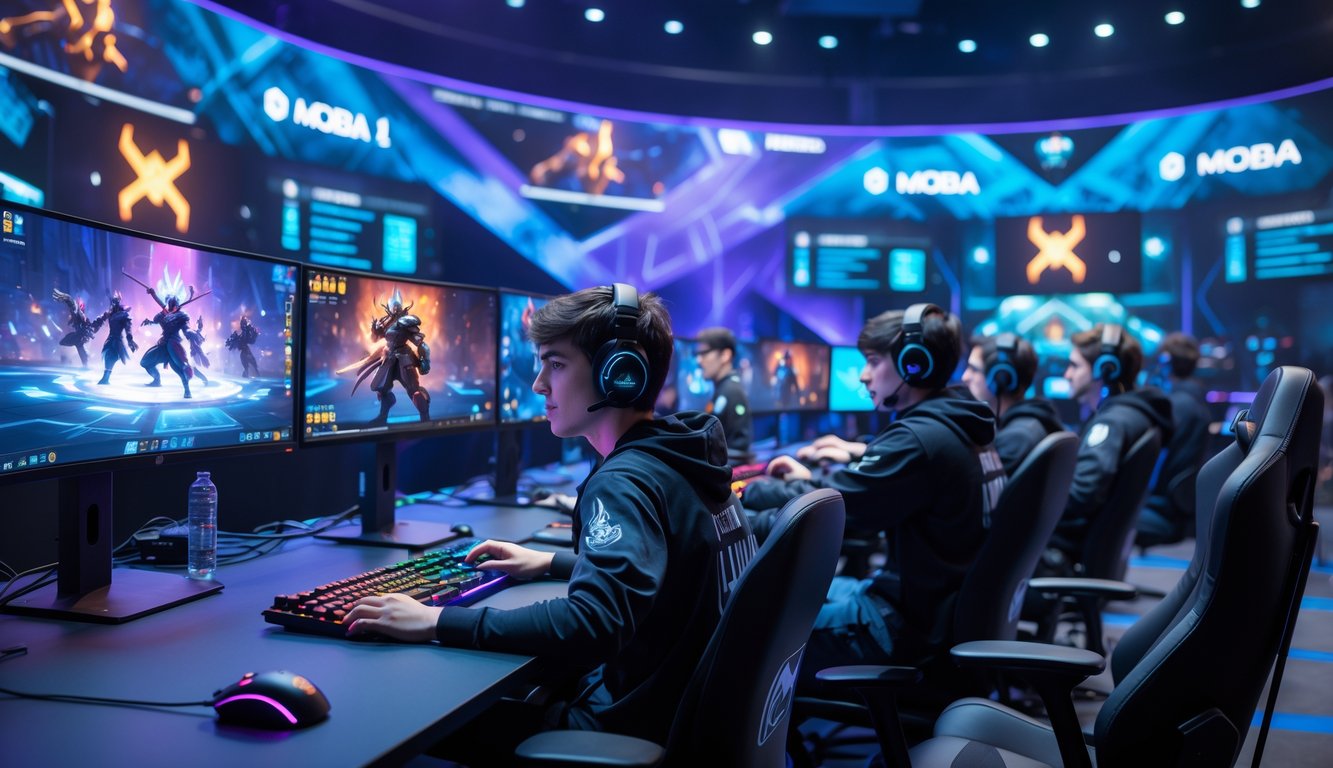 Sejumlah pemain esports muda sedang bermain game MOBA di arena dengan monitor besar dan pencahayaan futuristik.