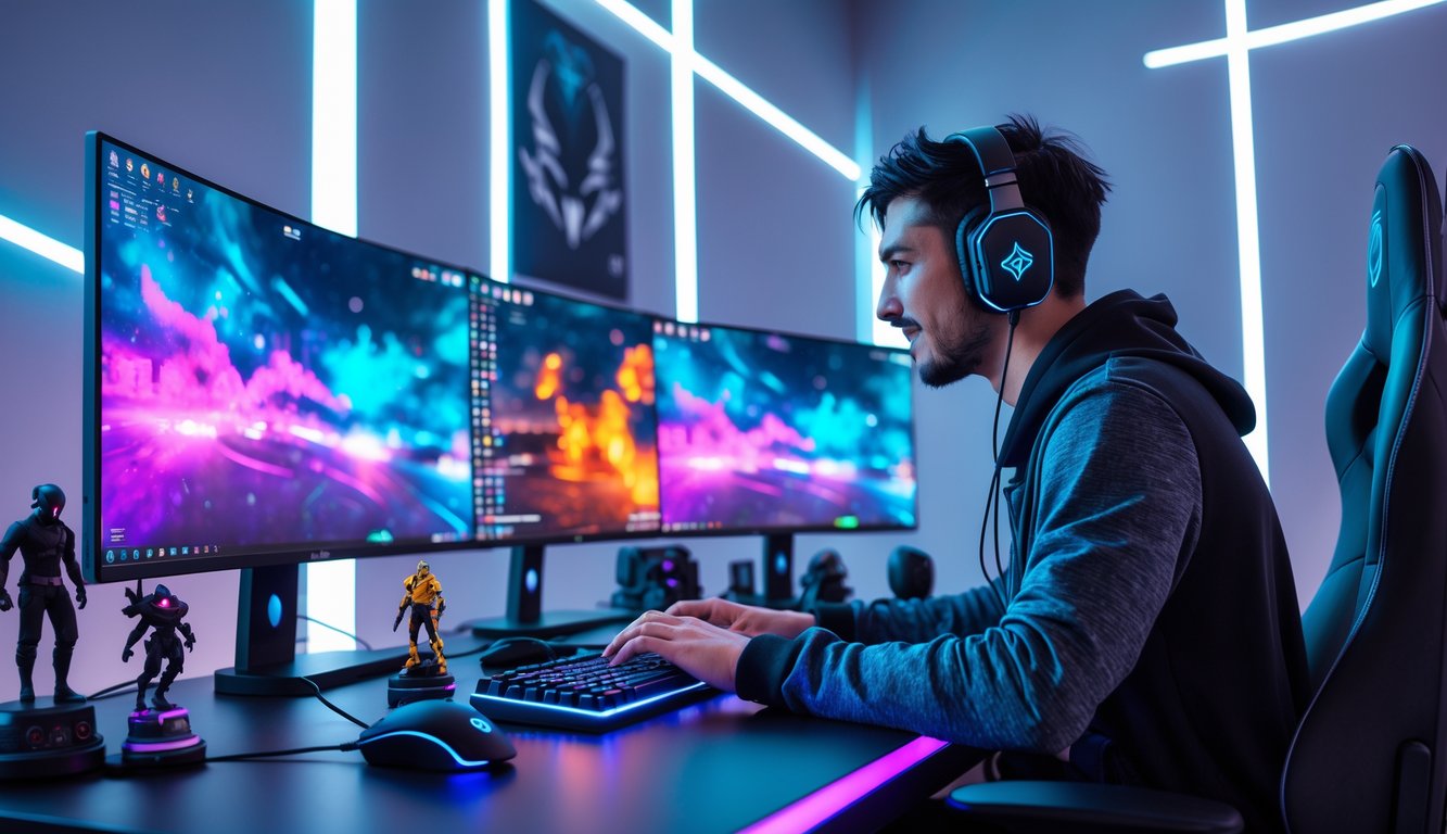 Seorang gamer sedang bermain di depan beberapa monitor dengan lampu LED berwarna biru dan ungu di ruangan modern.