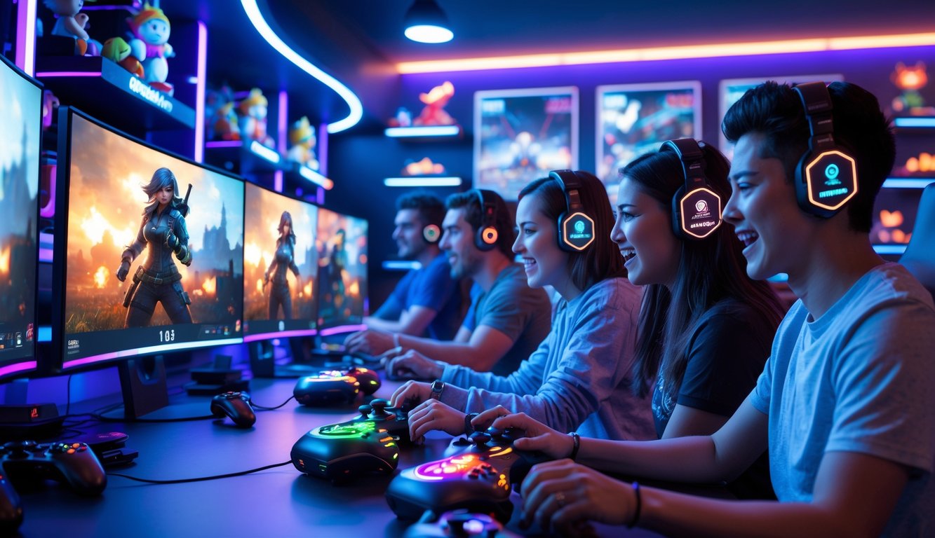 Sekelompok orang muda bermain video game dengan antusias di ruangan gaming modern yang dilengkapi monitor besar dan lampu neon.