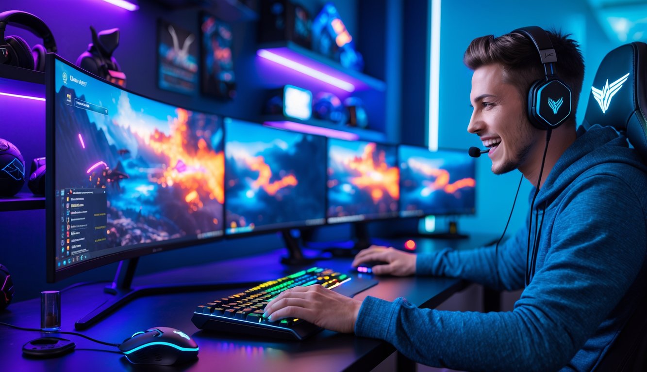 Seorang gamer sedang bermain di depan beberapa monitor dengan grafis game yang menarik, di sebuah ruangan dengan pencahayaan warna biru dan ungu.