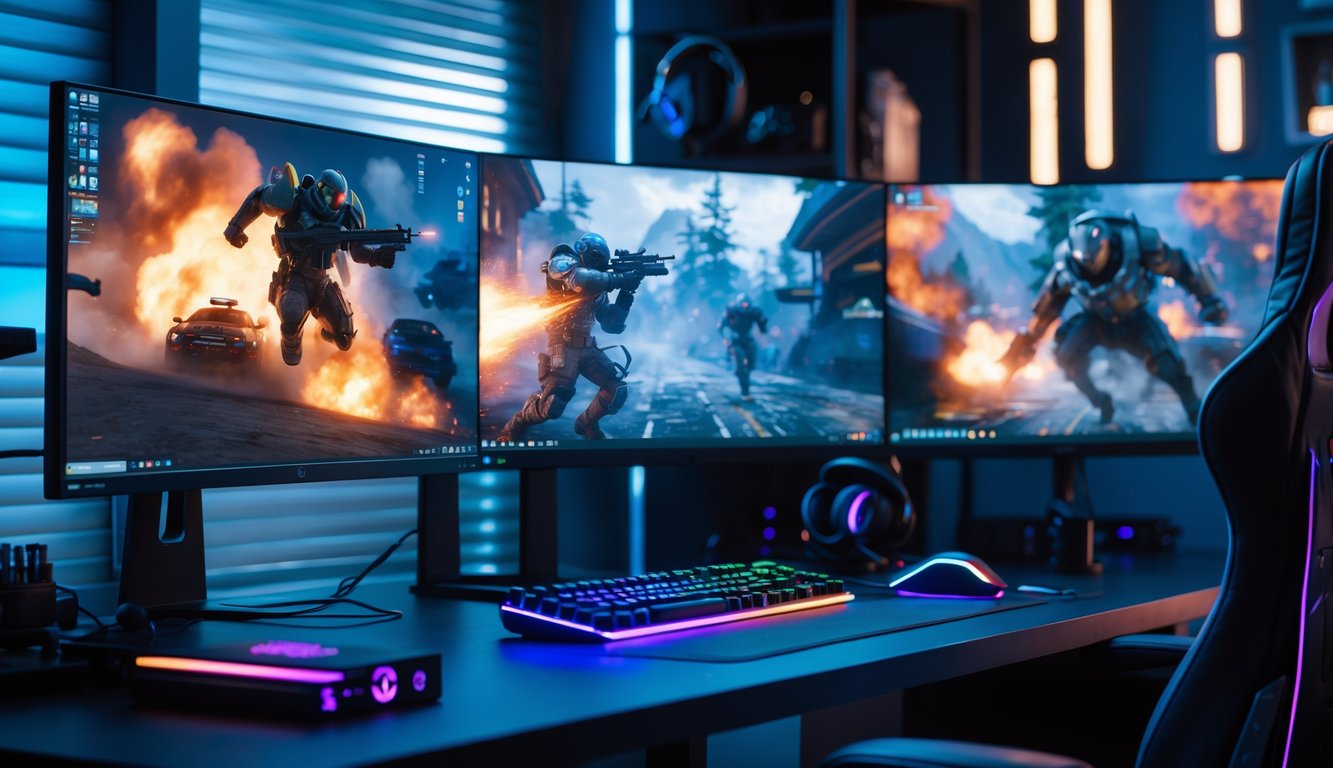 Sebuah ruang bermain game modern dengan komputer gaming, beberapa monitor menampilkan grafis game yang realistis dan aksesoris gaming di meja.