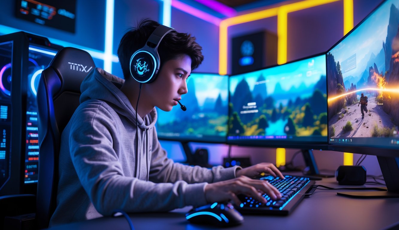 Seorang gamer muda fokus bermain game menggunakan ponsel Android dan komputer dengan layar ganda di ruangan gaming futuristik.