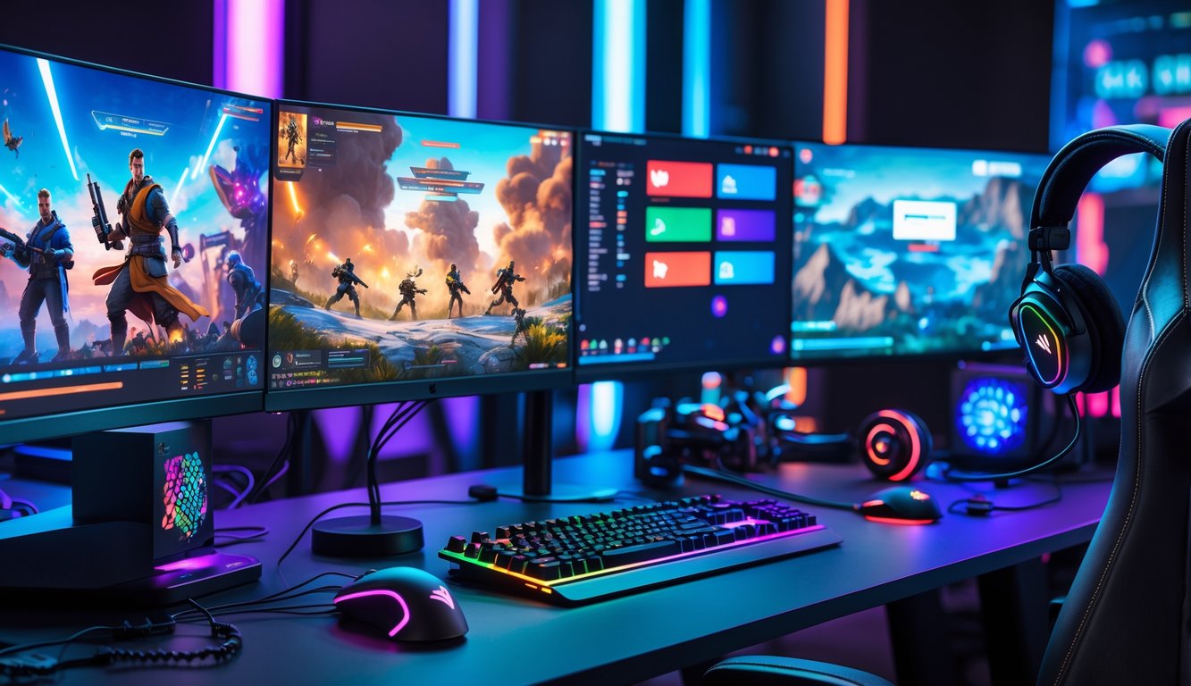 Seorang gamer sedang bermain di meja gaming dengan beberapa monitor menampilkan berbagai permainan populer tahun 2026 dan aksesori gaming di sekitarnya.