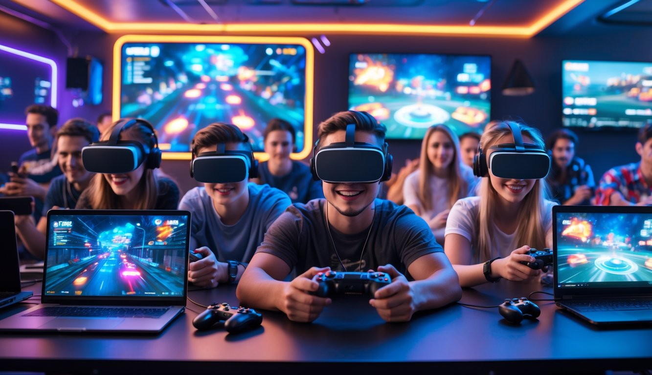 Sekelompok orang muda sedang bermain game di perangkat modern dalam ruangan bergaya futuristik dengan pencahayaan neon.