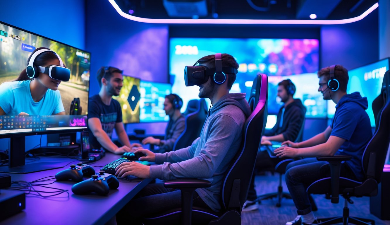 Sekelompok orang muda bermain game bersama di sebuah ruang gaming modern dengan layar dan peralatan game canggih.