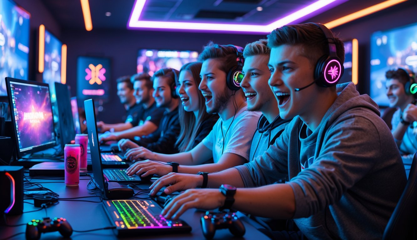 Sekelompok orang muda sedang asyik bermain game di ruang gaming modern dengan berbagai perangkat game online dan offline.