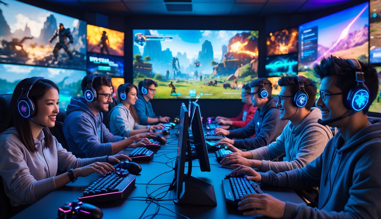 Sekelompok orang bermain video game bersama di ruangan gaming yang terang dengan layar besar menampilkan berbagai adegan permainan.