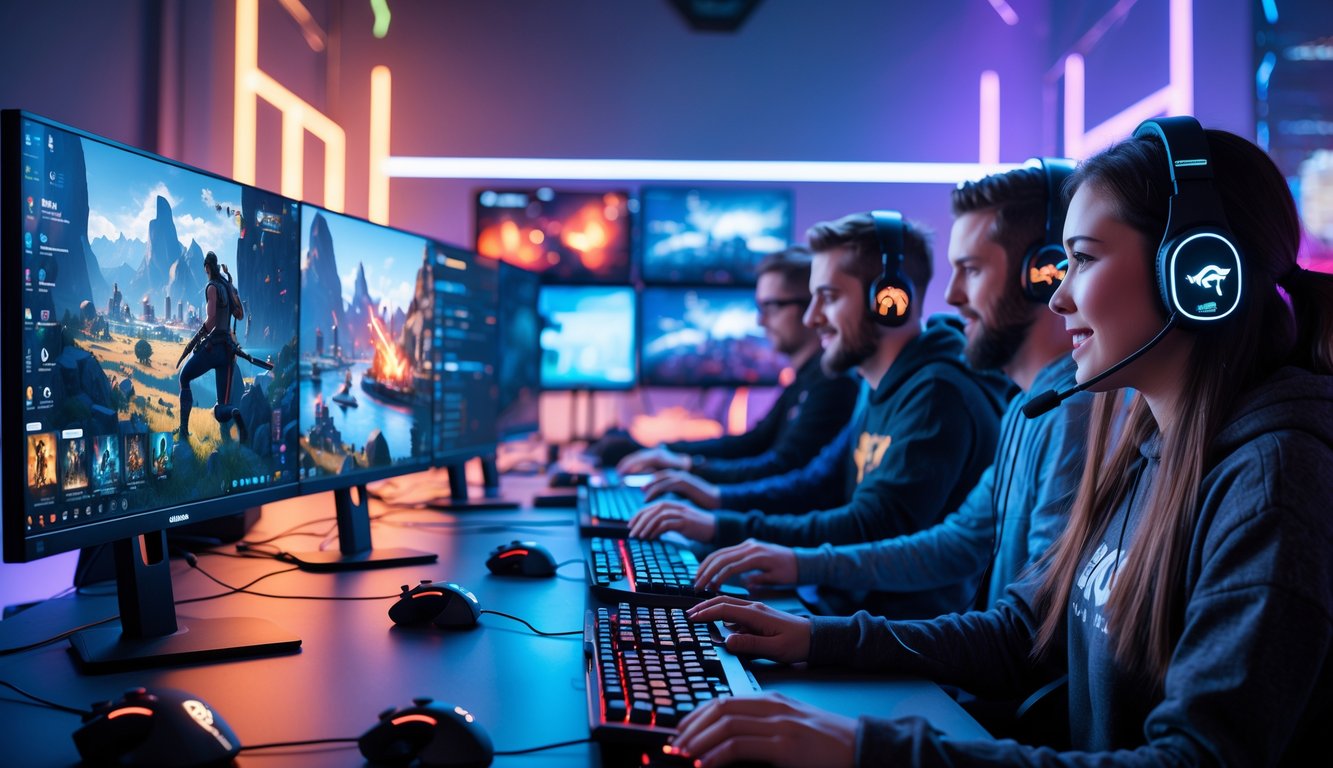 Sejumlah pemain game sedang bermain dengan antusias di depan beberapa layar komputer yang menampilkan berbagai jenis permainan aksi dan RPG.