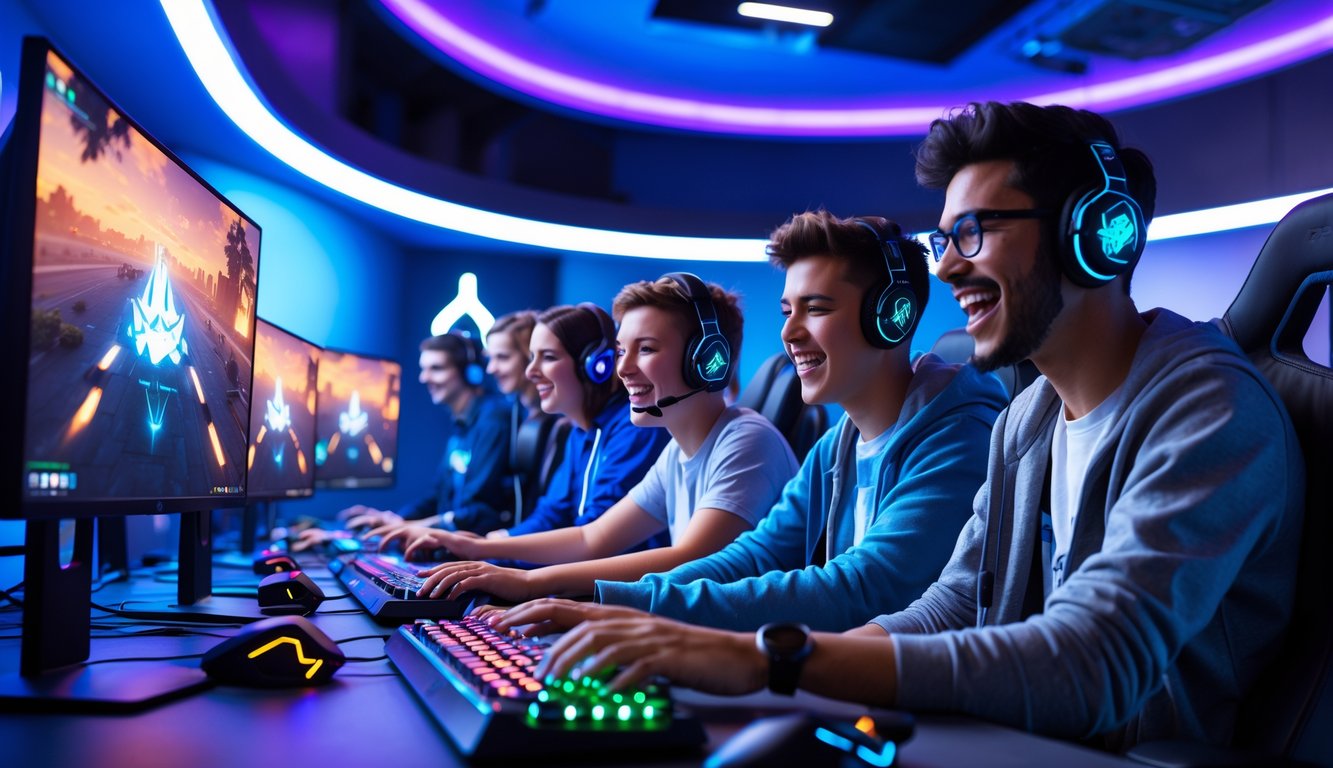 Sekelompok orang muda sedang bermain video game multiplayer bersama di ruang game modern dengan pencahayaan LED dan peralatan gaming canggih.