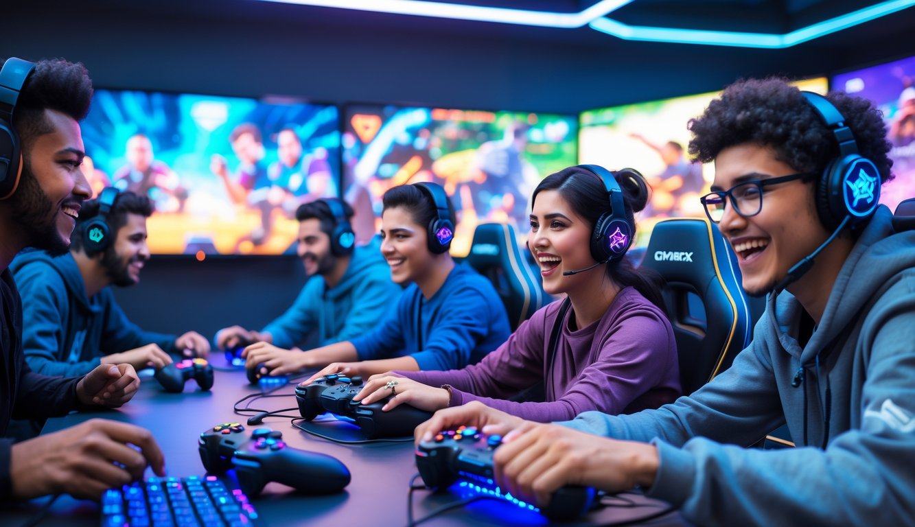 Sekelompok orang muda sedang bermain game multiplayer bersama di ruangan gaming modern dengan layar besar dan pencahayaan futuristik.