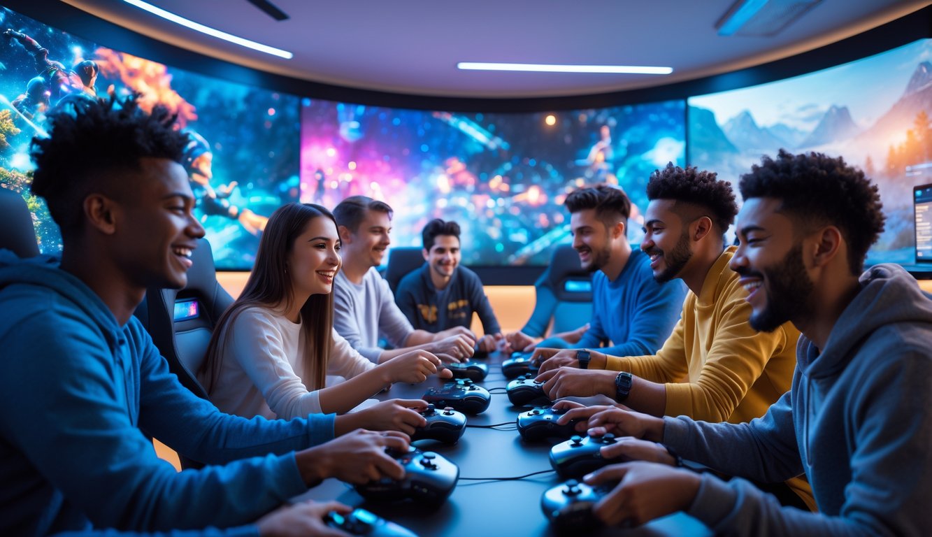 Sekelompok orang muda sedang bermain video game bersama di ruangan modern dengan peralatan gaming canggih dan layar besar yang menampilkan visual game yang hidup.