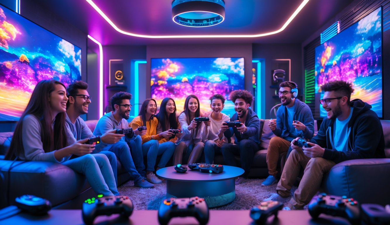 Sekelompok orang muda bermain video game bersama di ruang tamu modern dengan peralatan gaming canggih dan layar besar.
