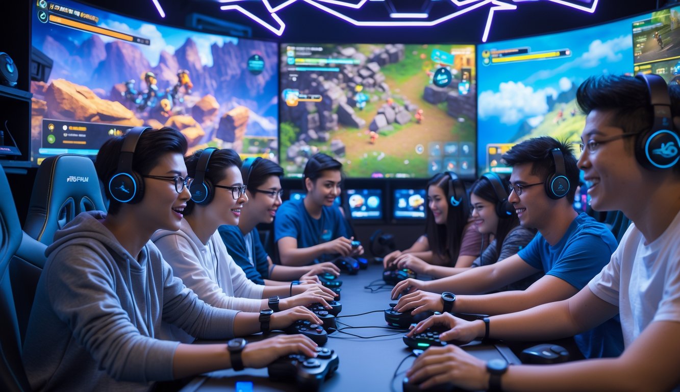 Sekelompok orang muda sedang bermain permainan petualangan dan strategi bersama di depan layar komputer dengan suasana penuh semangat.