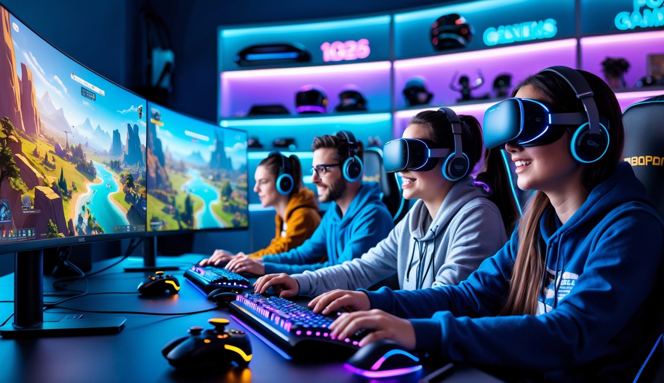 Sejumlah orang sedang asyik bermain game petualangan dan strategi di sebuah ruang gaming modern dengan layar besar dan peralatan canggih.