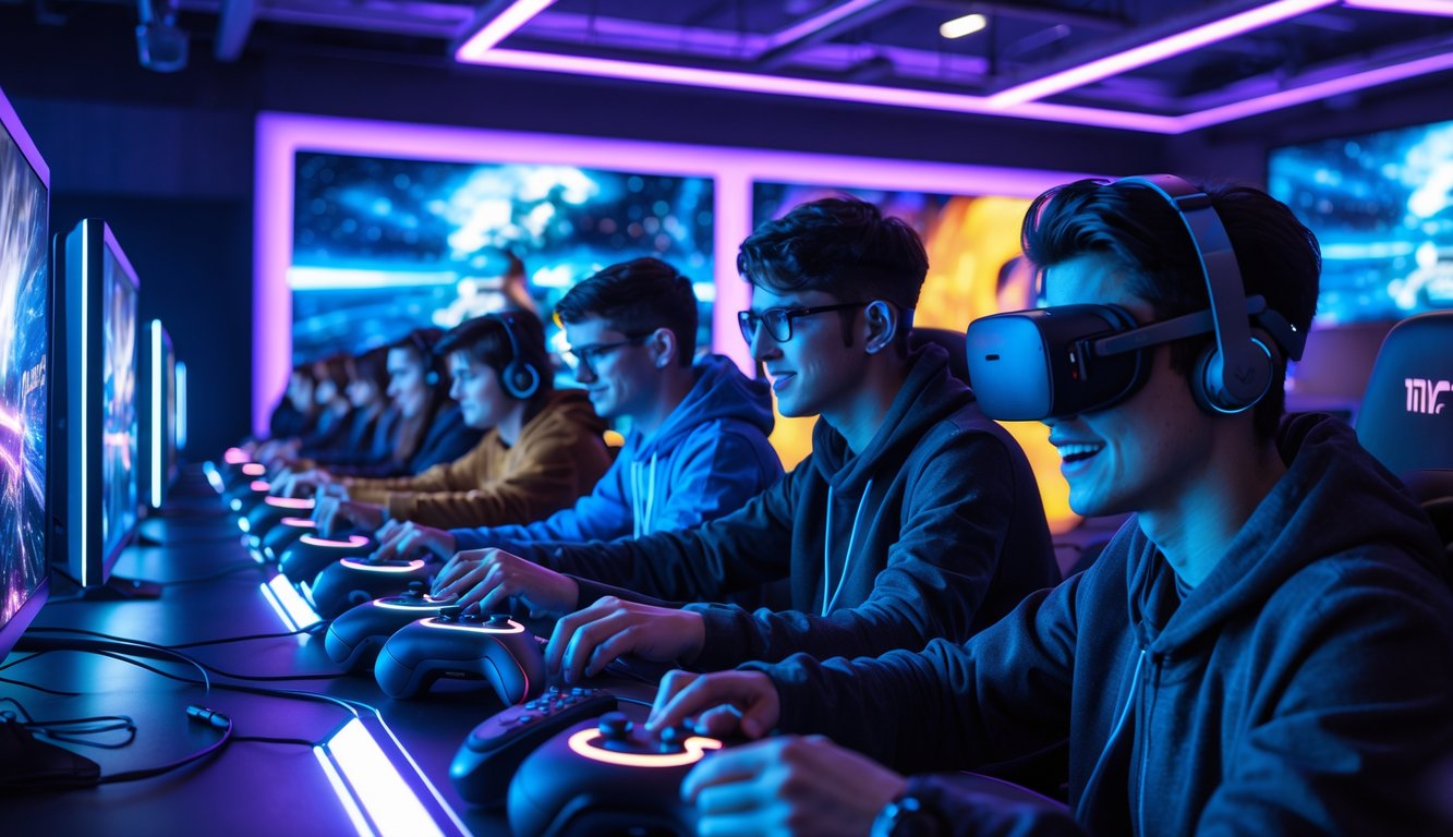 Sekelompok orang muda bermain video game dengan perangkat teknologi canggih di sebuah ruang permainan modern yang terang dengan lampu neon.