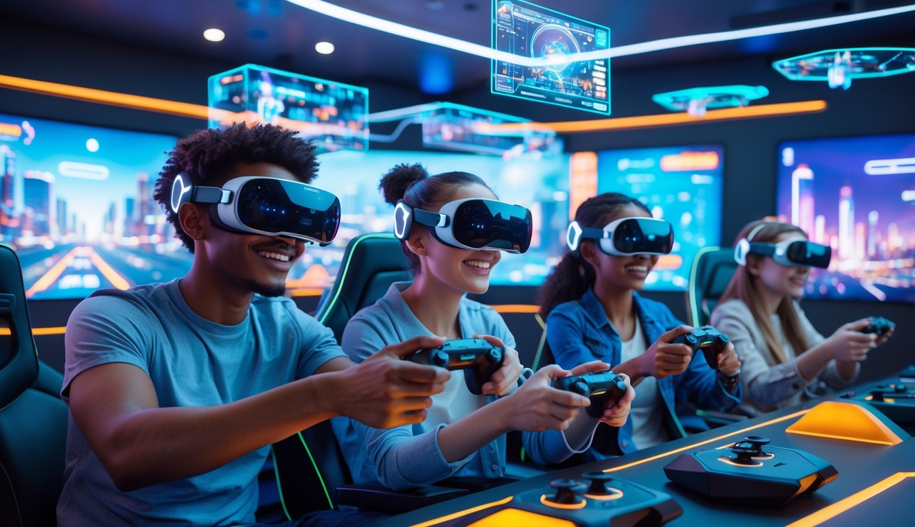 Sekelompok orang muda sedang bermain game menggunakan headset VR dan kontroler canggih di sebuah ruang gaming modern dengan lampu LED dan layar menampilkan grafik game futuristik.