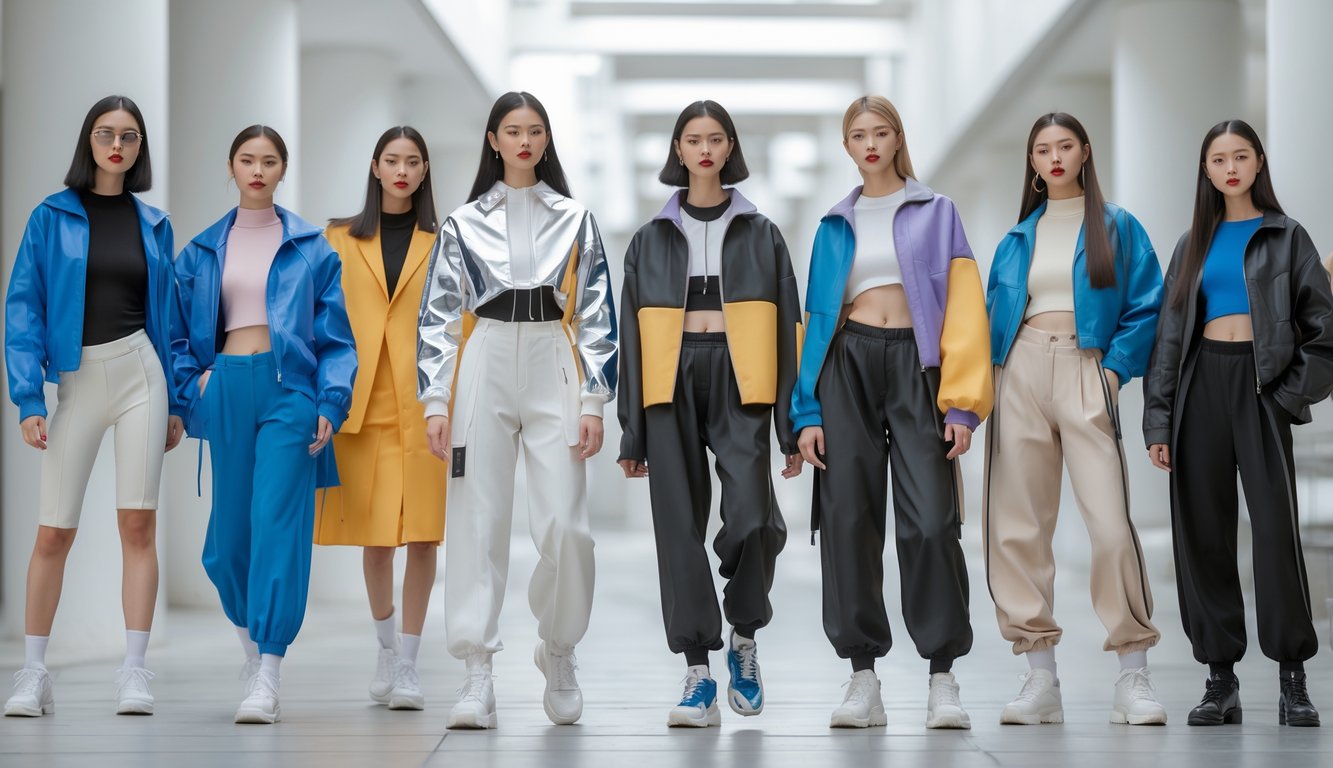 Sekelompok orang muda mengenakan pakaian modis terbaru sedang berdiri di lingkungan perkotaan.