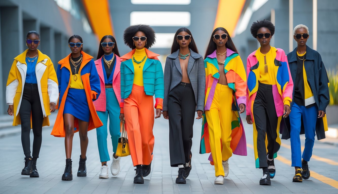 Sekelompok orang muda bergaya berjalan di jalan kota modern dengan pakaian modis terbaru tahun 2026.