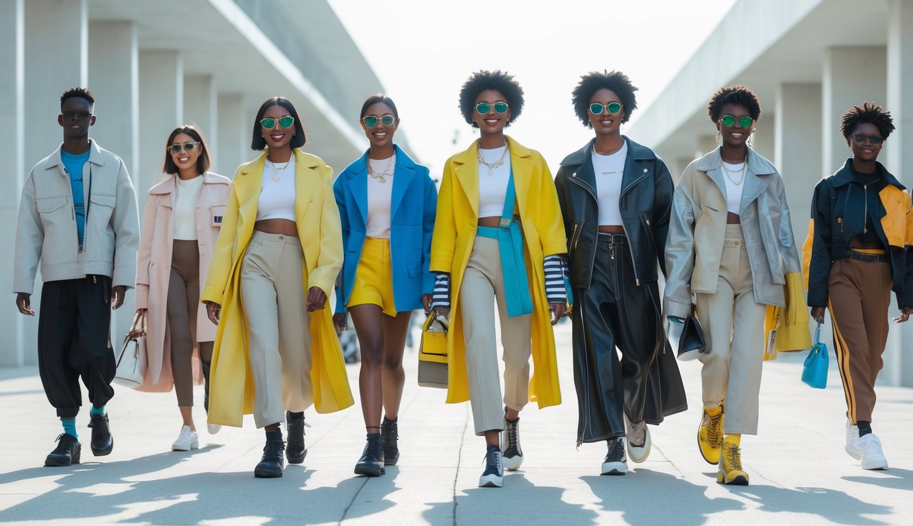Sekelompok orang muda sedang berjalan dan berinteraksi di luar ruangan dengan latar kota modern, mengenakan pakaian modis dan trendi.