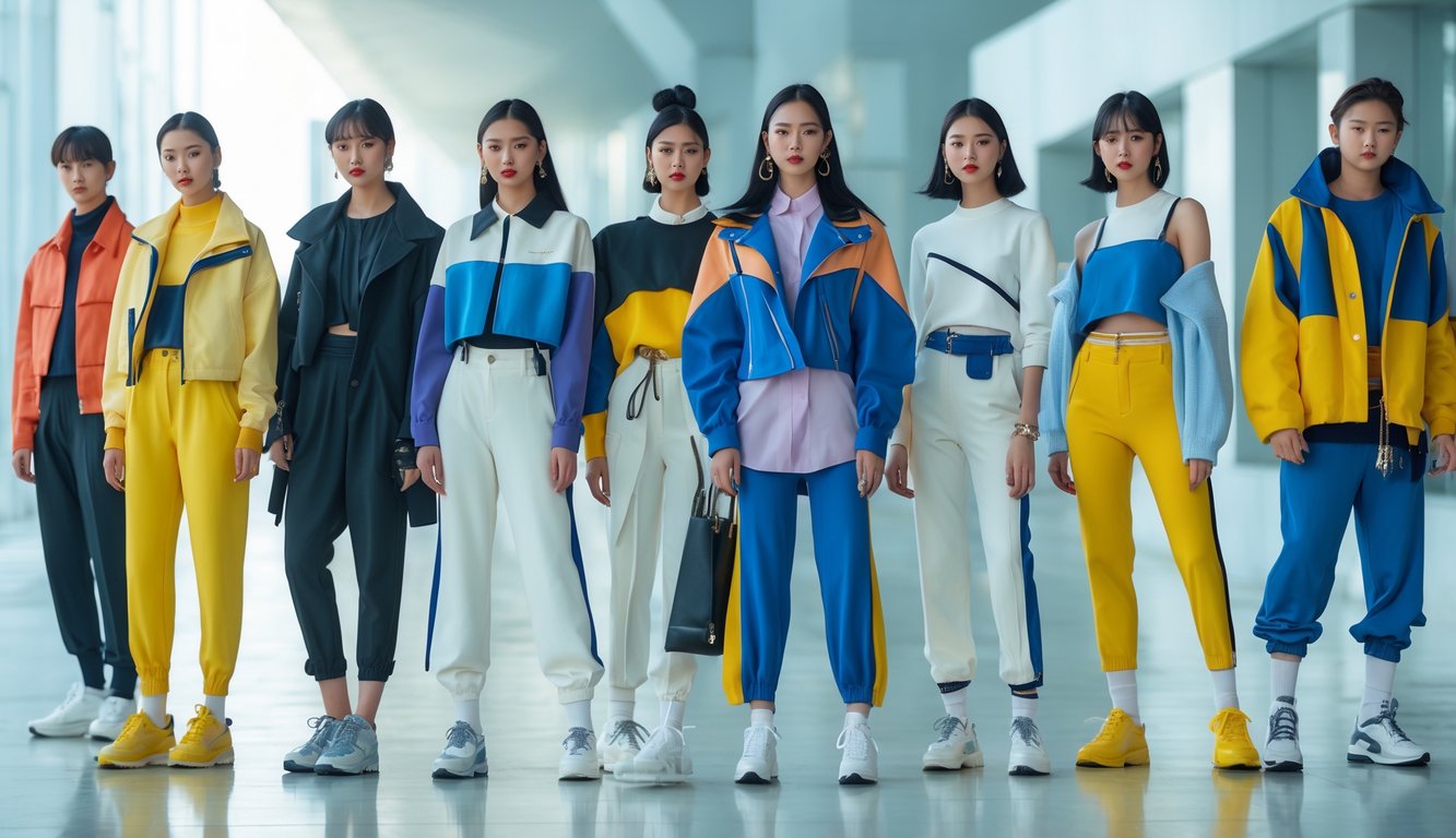 Sekelompok orang muda mengenakan pakaian modern berdiri di lingkungan perkotaan dengan latar belakang arsitektur kontemporer.