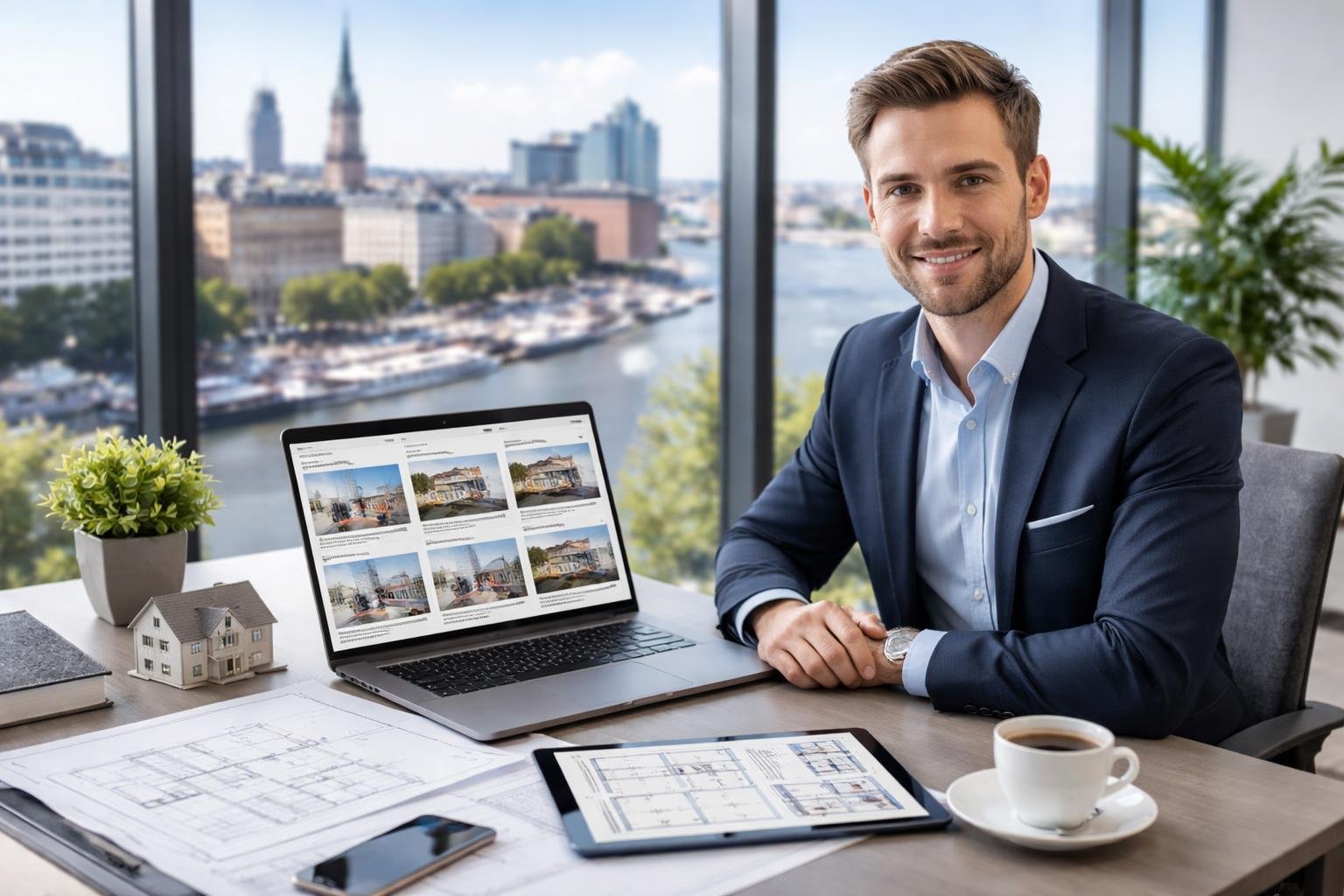 Ein Immobilienmakler arbeitet an einem Laptop in einem B&uuml;ro mit Blick auf die Hamburger Stadtlandschaft.