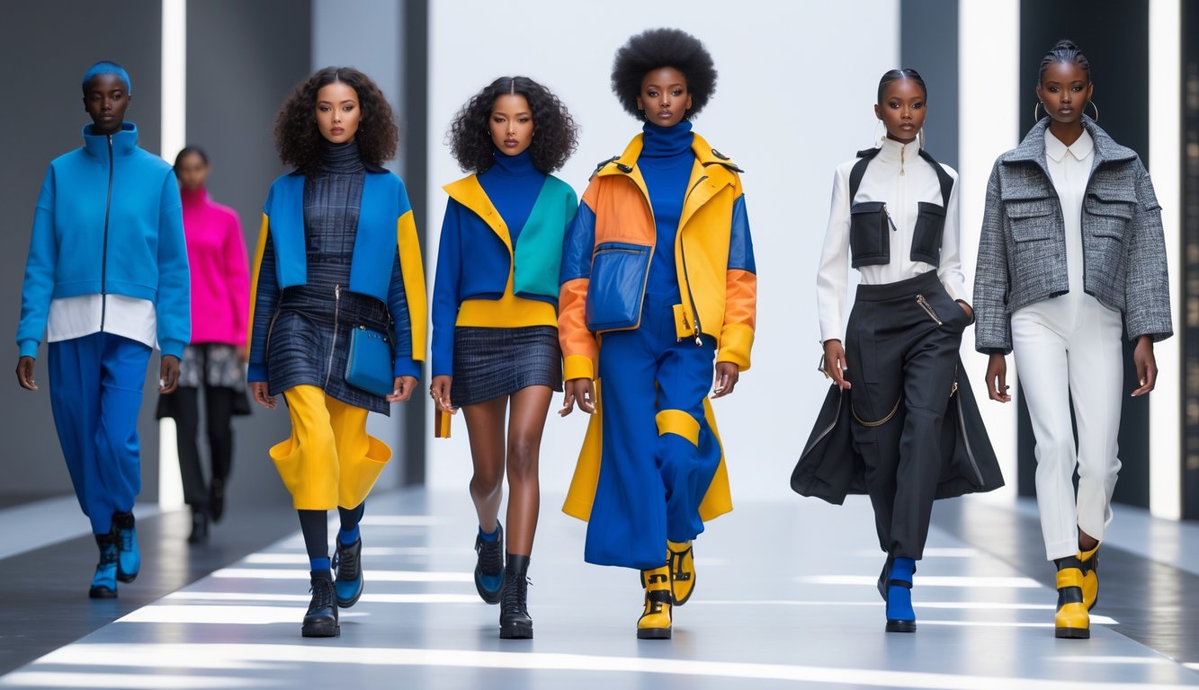 Sekelompok model berdiri di latar belakang kota modern dan runway, mengenakan pakaian modis yang futuristik dan berwarna-warni.