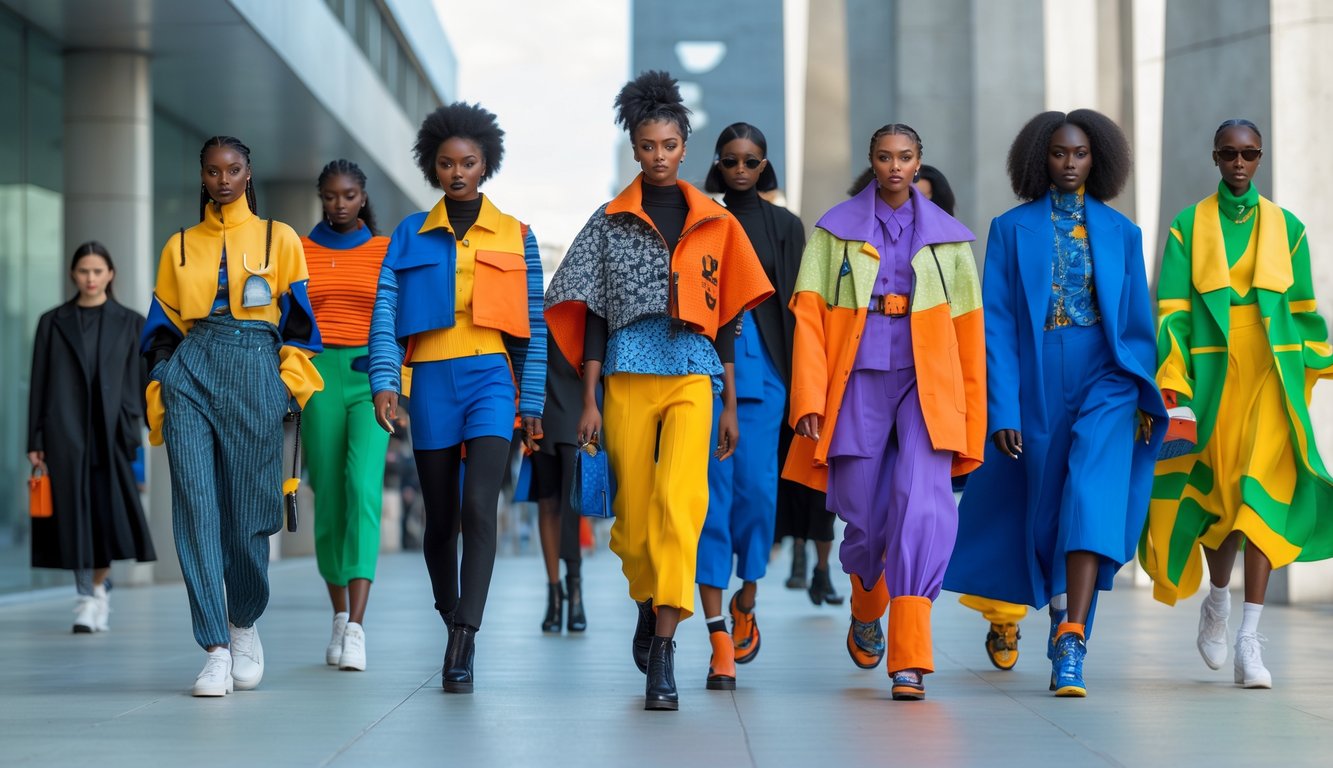 Sekelompok orang berpakaian modis berjalan di lingkungan perkotaan yang modern dengan latar belakang arsitektur kontemporer.